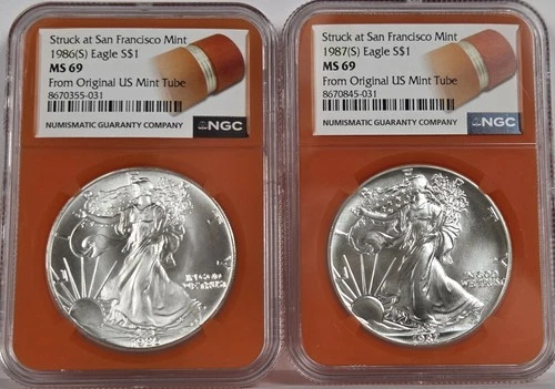 1986 (S) & 1987 (S) Orange Core Silver Eagle S$1 MS69 From US Mint Sealed Box
