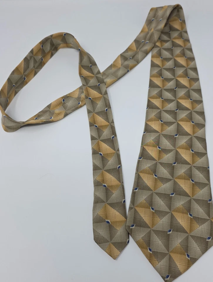 Crazy Horse Claiborne Co. Necktie Mens Gold Silk Geometric Grid Pattern Formal - Image 2 of 4