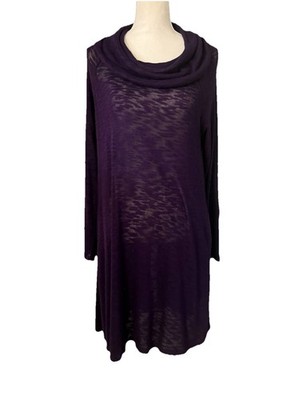 New W/Tags Cupio Deep Purple Sweater Midi Dress Sz L Sheer Burnout Cowl Neckline