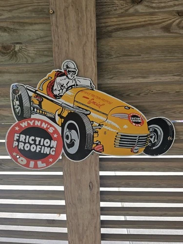 GIANT VINTAGE WYNN'S RACE CAR LUBRICATION RACE PORCELAIN SIGN CAR GAS OIL TRUCK
