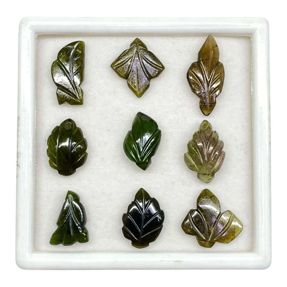 9 Pcs Natural Tourmaline Carved Leaf Muti Color Loose Gemstones Lot 35.15 Cts - Image 2 of 4