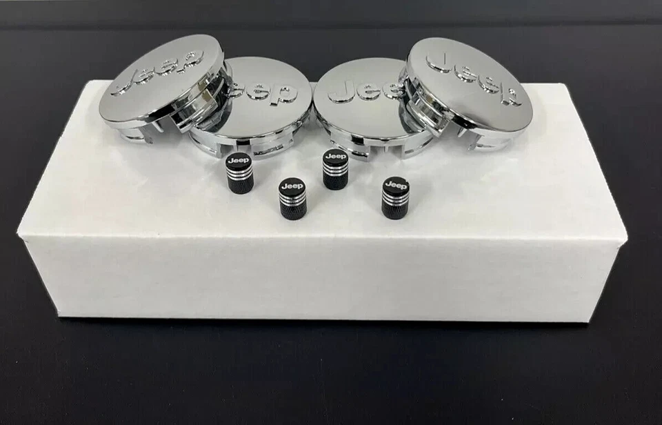 Tapacubos centrales y tapas de válvula cromados Jeep 64 mm para Wrangler Cherokee 8 piezas Foto 2 de 4