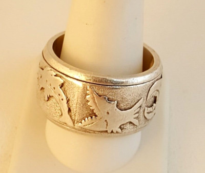 Artisan sterling silver fish shark eel wide spinner ring sz 13 handmade so cool!