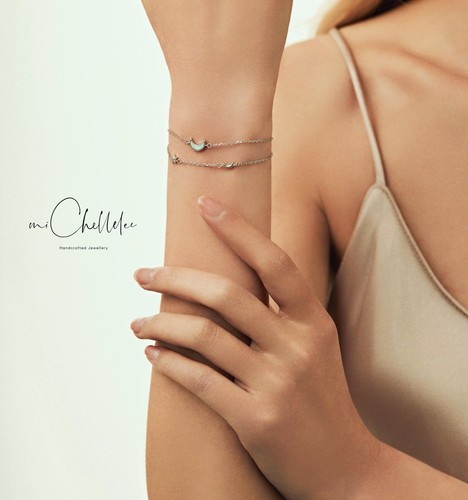 Dainty Opal Moon Double Chain Bracelet, Crescent Moon and Star Bracelet - Picture 2 of 9