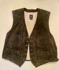 Vintage 90s Gap Vest Jacket Men's XL Olive Green Lined Suede Waistcoat
