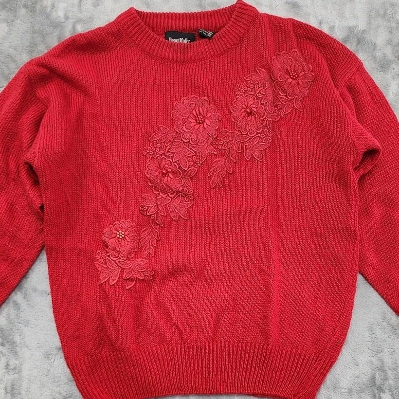 Suéter Vintage Beautifully Mine Para Mujer M Rojo Cuello Redondo Pullover Perlas Cuentas Foto 2 de 4