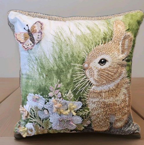 Pier 1 Throw Pillow Bunny Butterfly Embroidered Square Cushion Easter Spring
