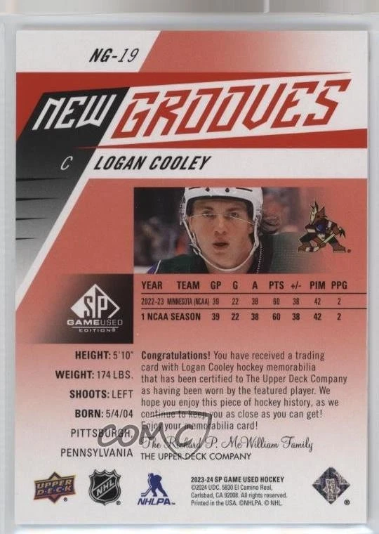 2023-24 Upper Deck SP Game Used New Grooves Jersey Logan Cooley #NG-19 Rookie RC - Image 2 of 2