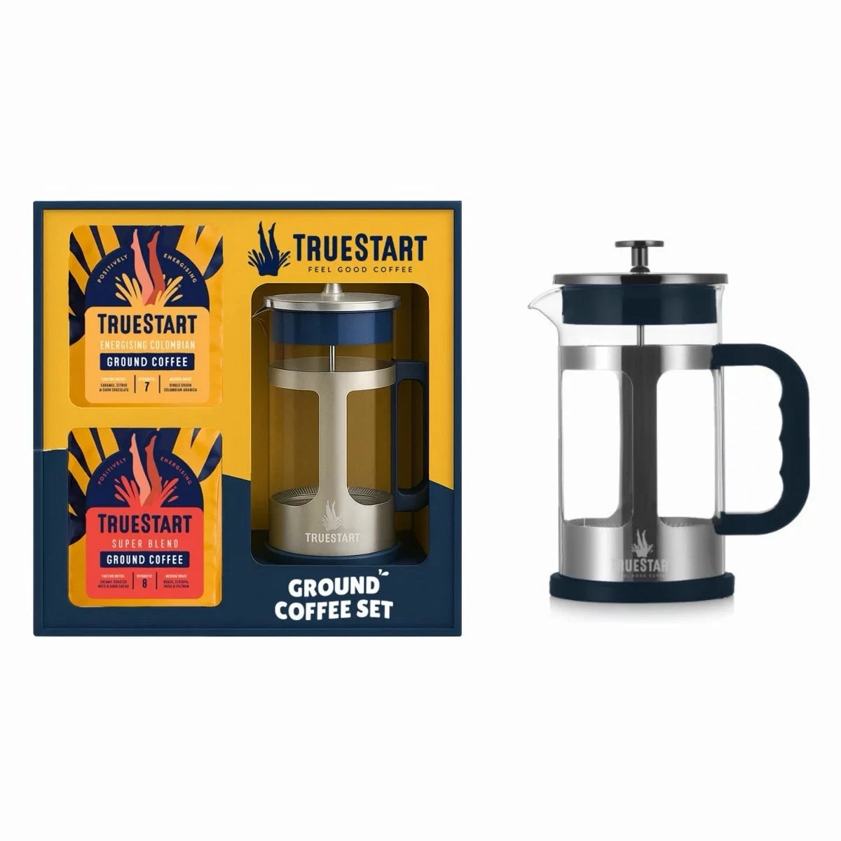 TRUESTART Cafetiere & Ground Coffee Set in Blue, With 2x200g Ground Coffee Packs