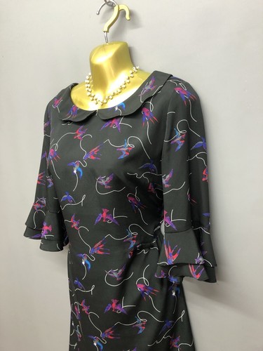 OASIS Black Mix Bird Print Sailor Collared Retro Dress UK 12 EUR 40 Lined - Picture 3 of 14