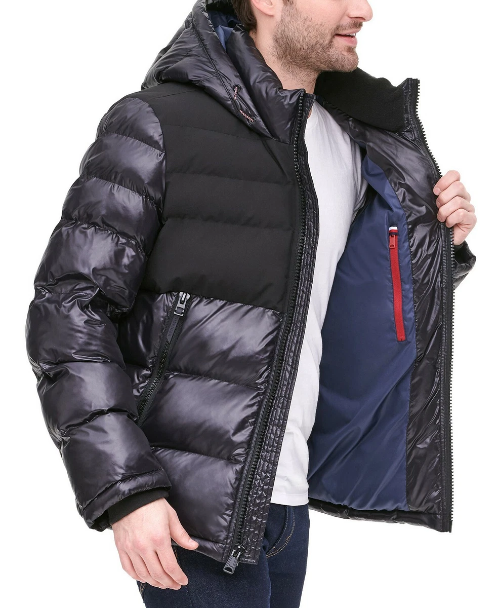 Tommy Hilfiger Men s Black Two Tone Matte Shiny Puffer Hooded