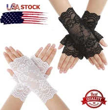 2× Women Short Lace Floral Finger Gloves Gothic Bride Wedding Party Mittens US