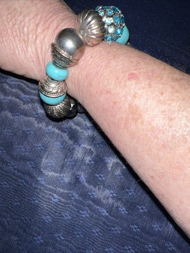 Bracelet Stretch Silver Tone Faux Turquoise Rhinestone Brass Tone Beads 8” Long - Picture 5 of 10