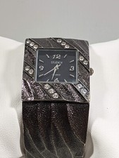 Studio Crystal Gunmetal Gray Textured Open Cuff Hinge Bracelet band Watch 6 Inch