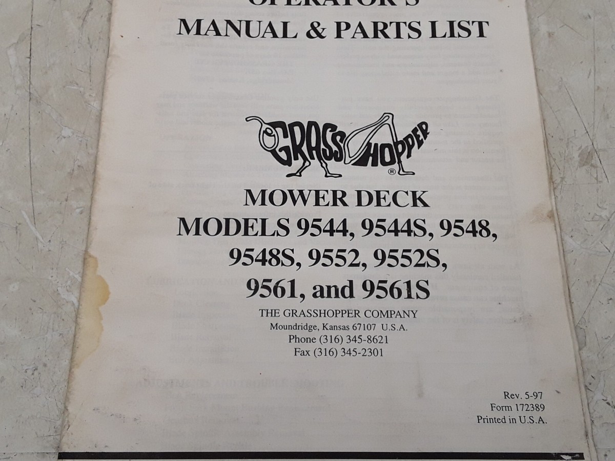 Grasshopper Operators Manual & Parts List Mower Deck 9544-9561 | eBay