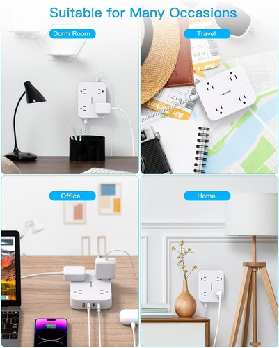 5Ft Flat Plug Extension Cord, 4 USB Ports (2 USB-C), 4 Outlets, Wall Mount - Picture 7 of 11
