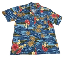 Vintage Men's Hawaiian Floral Button Down Shirt Size Large Hawaii Blues