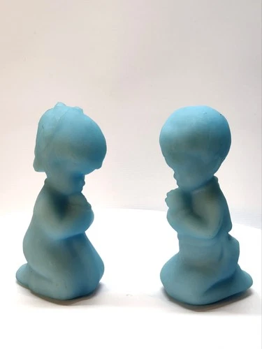 Vintage FENTON | Praying Boy & Girl Figurine Set | Satin Blue Custard Glass