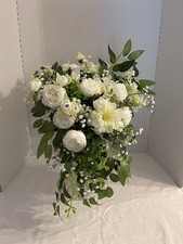 Wedding Bridal Bouquet Hand held White Silk Flowers Peonies Cascading NEW
