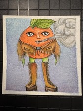 ACEO Art Card Original Watercolor Handpainted Orange Fruit Smoking Sparkly 1/1