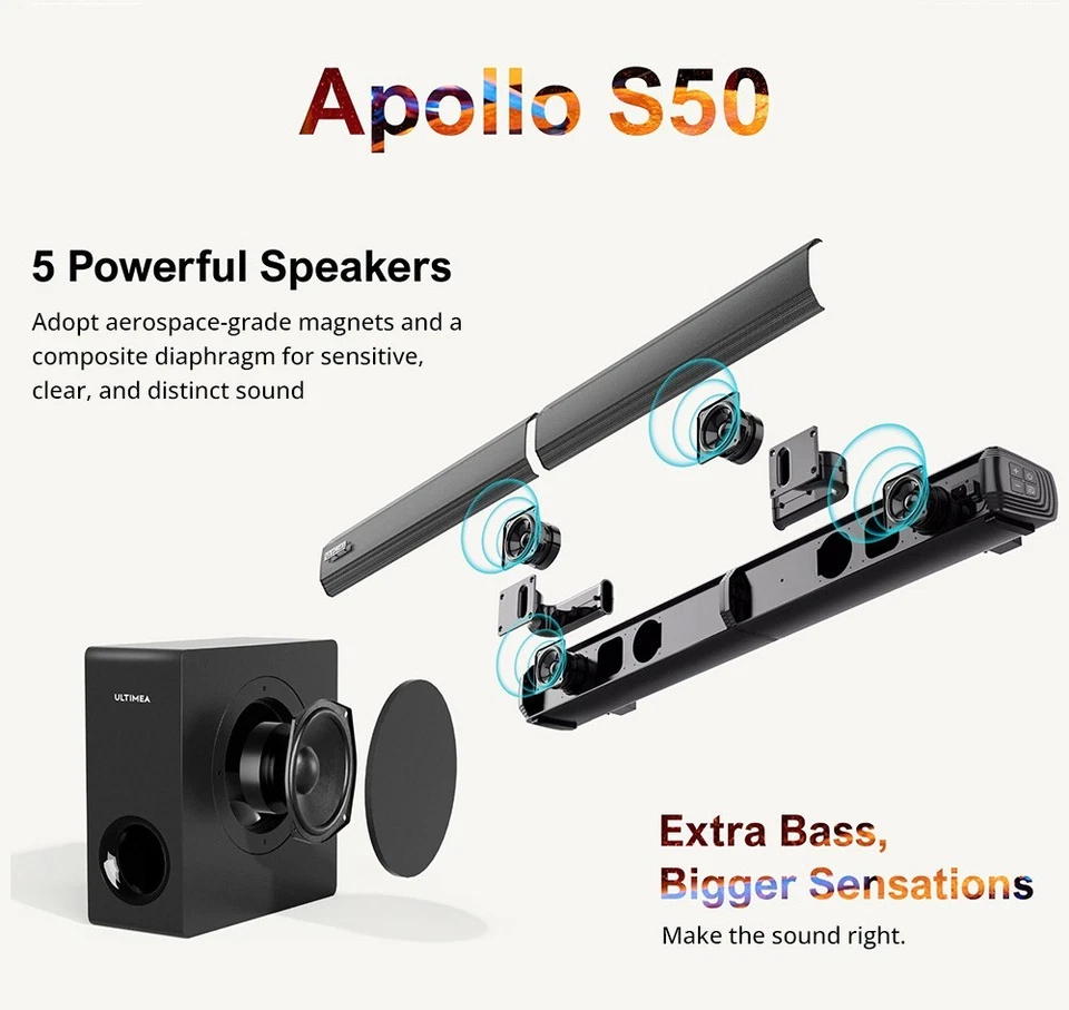 Ultimea Apollo S50 4.1-Kanal abnehmbare Soundbar mit Subwoofer Bluetooth 5.3, - Bild 3 von 4