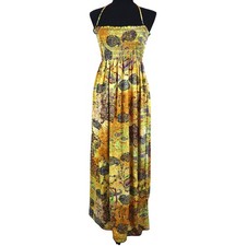 Vintage Y2K Jordan Taylor Yellow Boho Maxi Dress Halter Smocked Top Long Medium