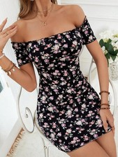 SHEIN VCAY Women's Floral Printed Off Shoulder Summer Holiday Dress