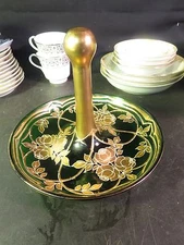 Gold Overlay Green Glass Center Handle Nut Dish/ Tid Bit Serving Tray