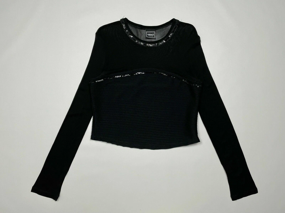 Vtg 90s Versace Jeans Couture Black Mesh Top Long Sleeve Ribbed