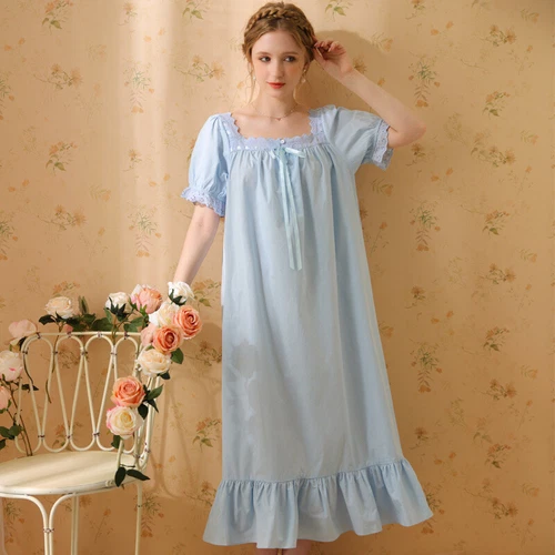 Damen Baumwolle Nachthemd Kurzarm eckiger Ausschnitt Pyjama Schlafkleid - Bild 28 von 34