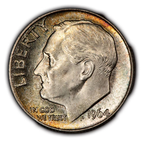 1964 10c Roosevelt Silver Dime - Watercolor Rainbow Toning - BU - SKU-Y5400