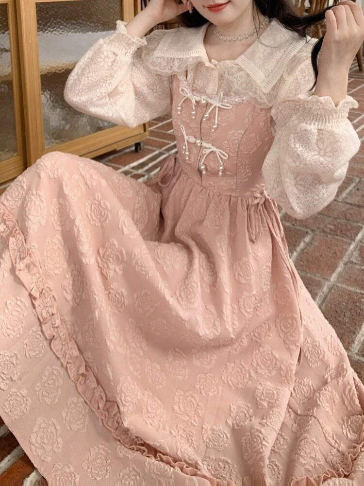 Elegant Evening Party Midi Dress Women Pink Lace Korean Kawaii Lolita StrapDress