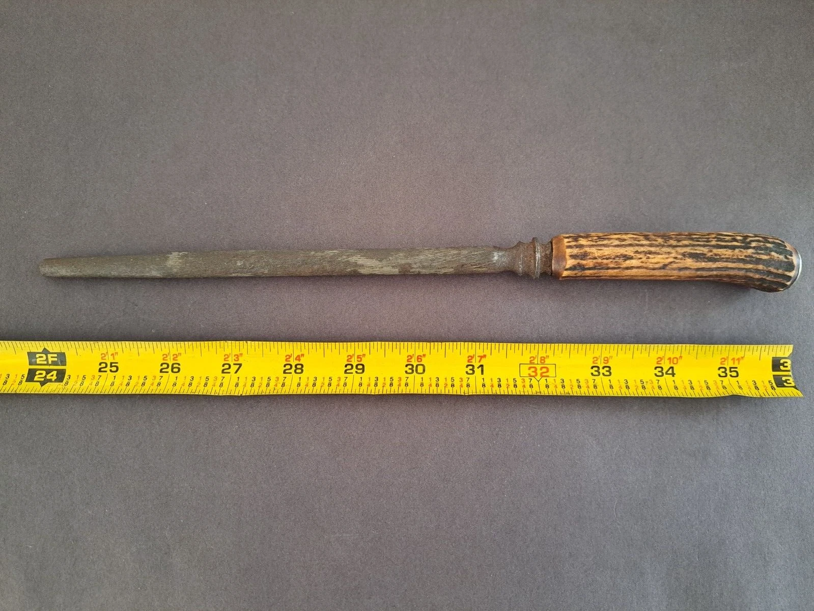 Stag Horn Knife Sharpening FileVintage Deer Antler Handle Rustic Steel 12"