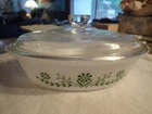 Vintage Milk Glass Ovenware 1 Qt. Oval Casserole Dish 235 Green Flowers with lid