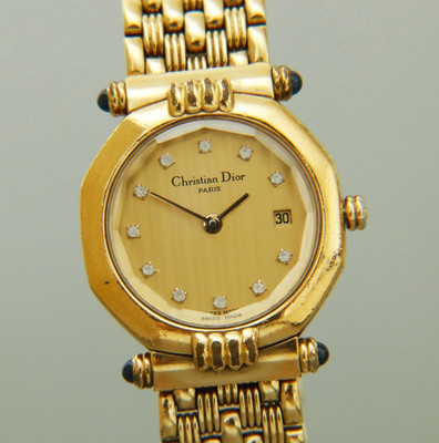 [Exc+5] Rare Christian Dior D64-151 11P Diamond Roman Date Gold Qz Women's Watch