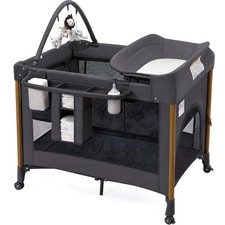 4 in 1 Baby Playard with Bassinet & Changing Table & Mattress & Wheels & Toy Bar