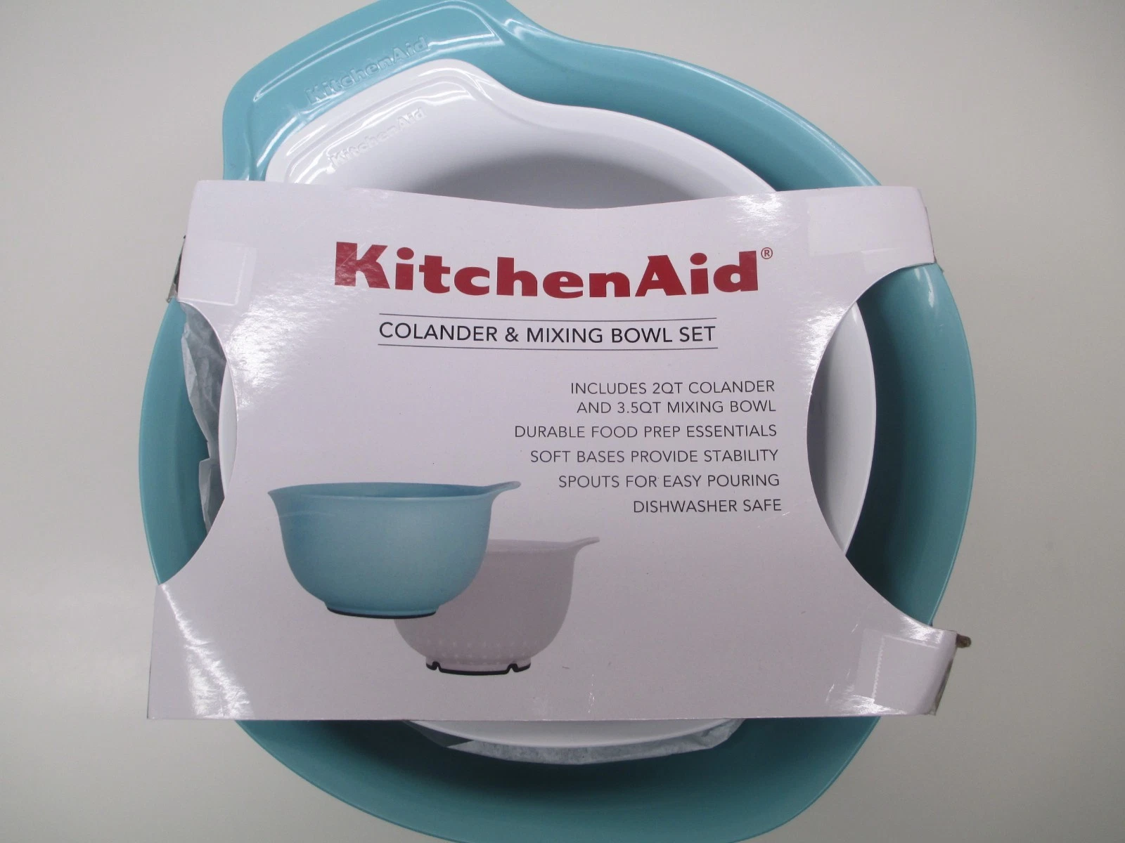 KitchenAid colander and mixing bowl set aqua sky and white