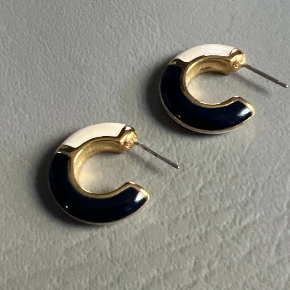 Vintage Monet Enamel Earrings Blue Cream Hoops Gold Tone Accents Post Earrings - Image 4 of 4