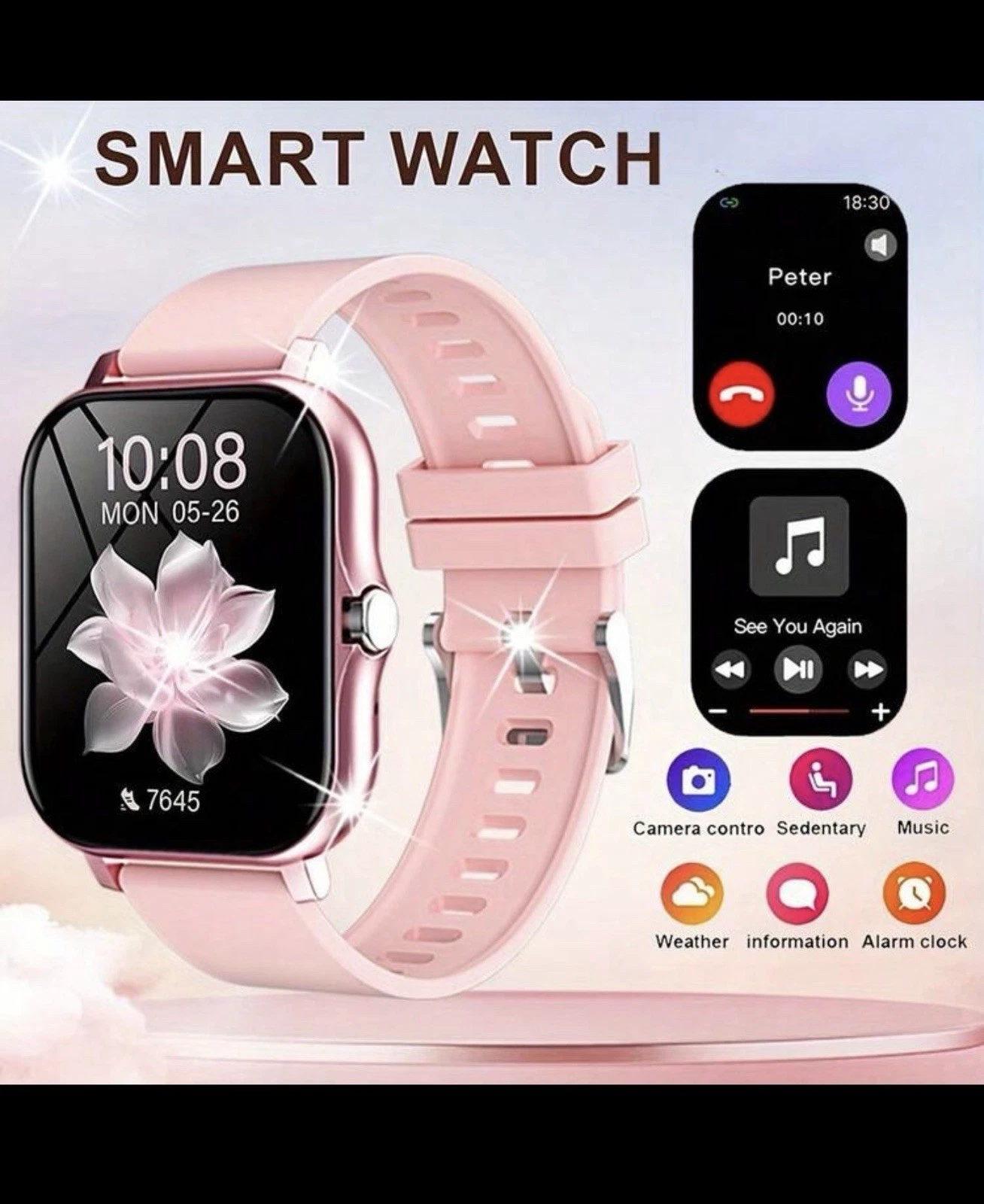 Smart Watch Pink Bluetooth for iPhone Android Samsung Men Women Fitness Tracker
