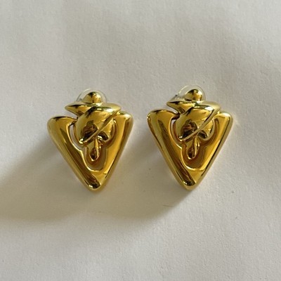 Vintage Pierced Gold Tone Triangle Door Knocker Earrings 1.25 