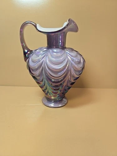 Fenton Lavender Lilac Iridescent Drapery Pitcher Vase Opalescent Art Glass Ewer