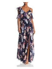 AQUA Womens Navy Slitted Cold Shoulder Floral Evening Accordion Pleat Dress 2