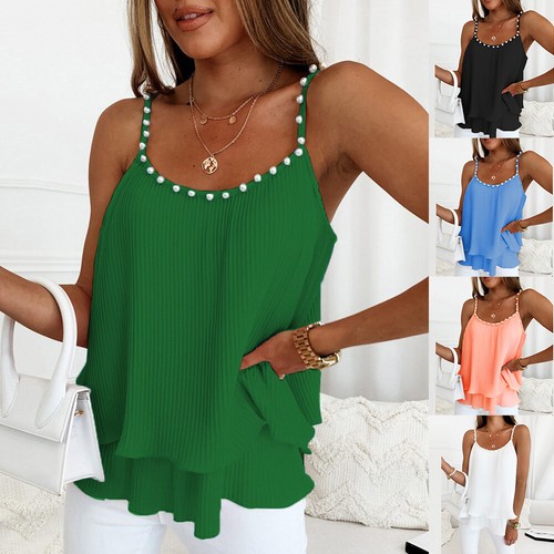Women's Sleeveless Round Neck Chiffon Tee Ladies Summer Pleat Cami Tops Blouse