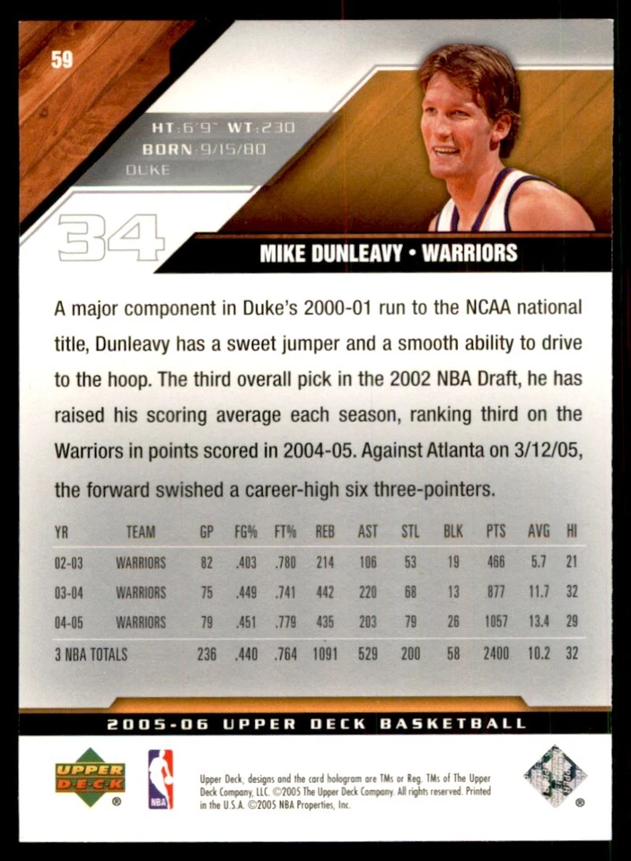 2005-06 Upper Deck: Mike Dunleavy A Basketball Cards #59 - Image 2 of 2
