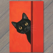 FLATCARD Black Cat Yellow Eyes Pet Red Background Painting Cute Fun Feline