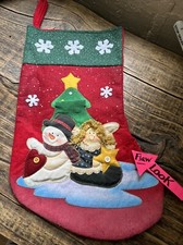 Vintage Christmas Stocking Appliqu  Snowman Angel Tree Felt Red 18  Small Flaw