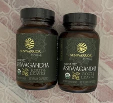 2 SunWarrior Be-Well Organic Ashwaghanda Organic  30 VegCaps Each Exp 06/25