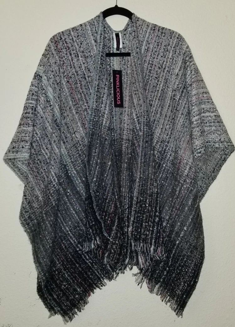 Pinklicious Asymmetrical bohemian Knit Fringe Grey Mult Ombre Striped Poncho🧣OS
