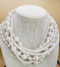 16" Six Strand Faux Pearl White Beaded Necklace W/Silver tone Clasp bl03