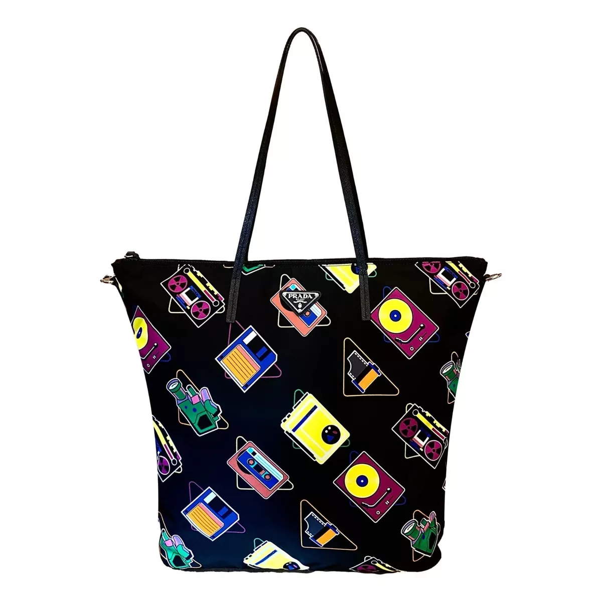 PRADA, Logo Printed Canvas Tote Bag in Black